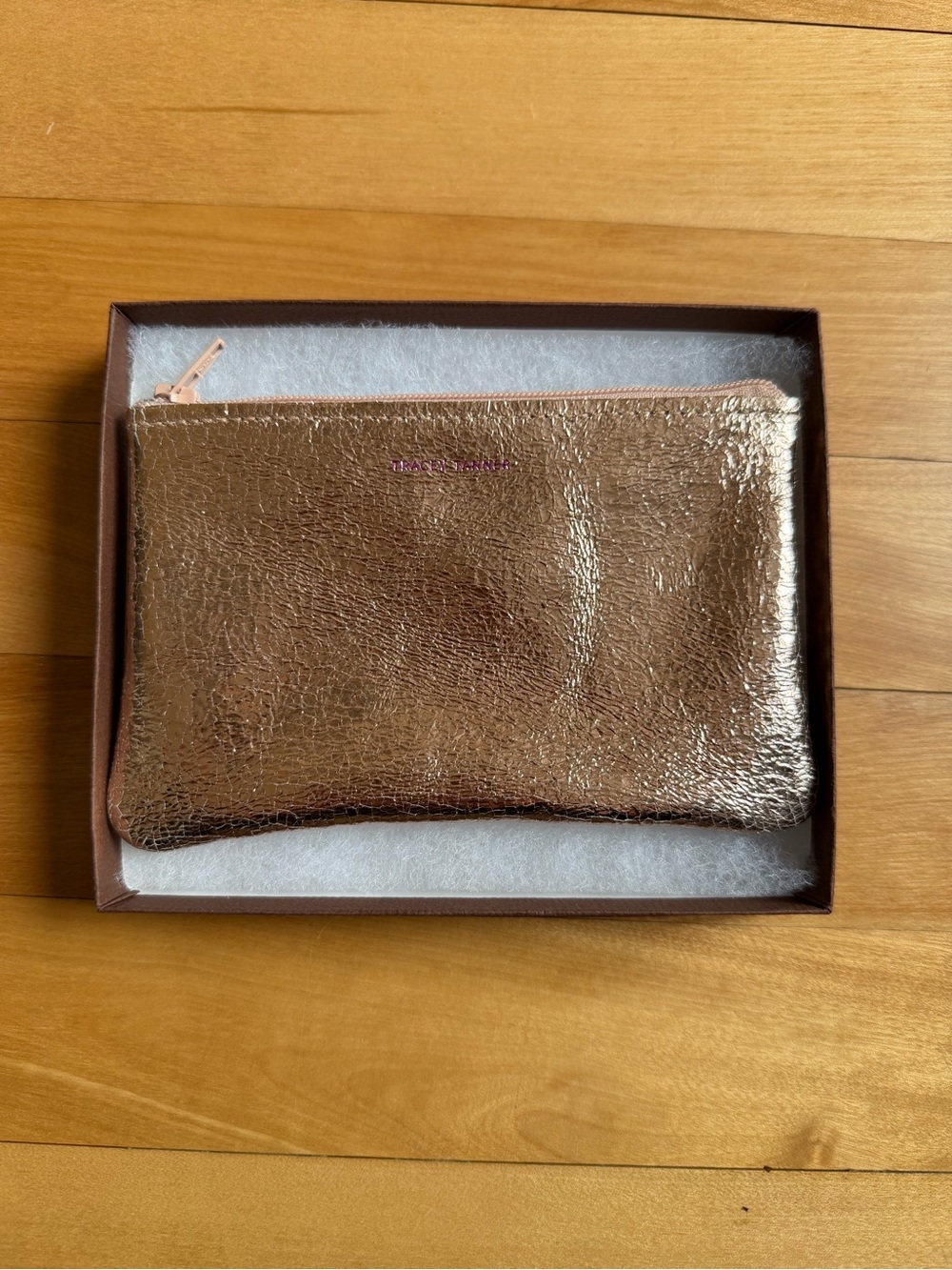 Metallic Rose Gold Leather Mini Zip Pouch